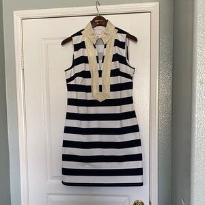 STS Black and White Striped Dress with Gold Trim